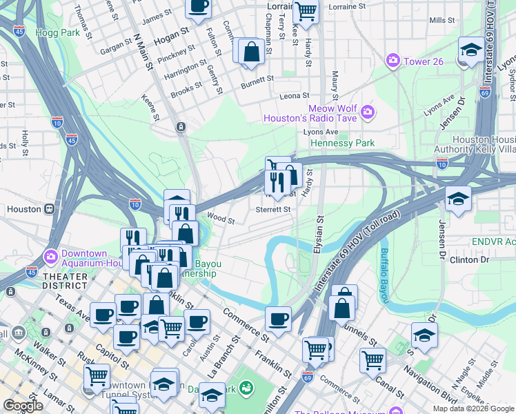 map of restaurants, bars, coffee shops, grocery stores, and more near 720 Walnut Street in Houston