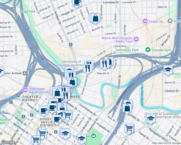 map of restaurants, bars, coffee shops, grocery stores, and more near 1021 North San Jacinto Street in Houston