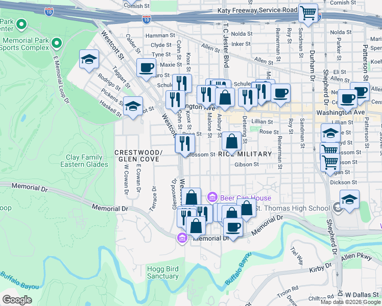 map of restaurants, bars, coffee shops, grocery stores, and more near 602 Knox Street in Houston