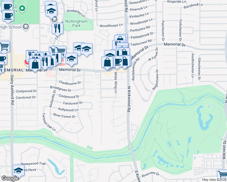 map of restaurants, bars, coffee shops, grocery stores, and more near 607 White Wing Lane in Houston