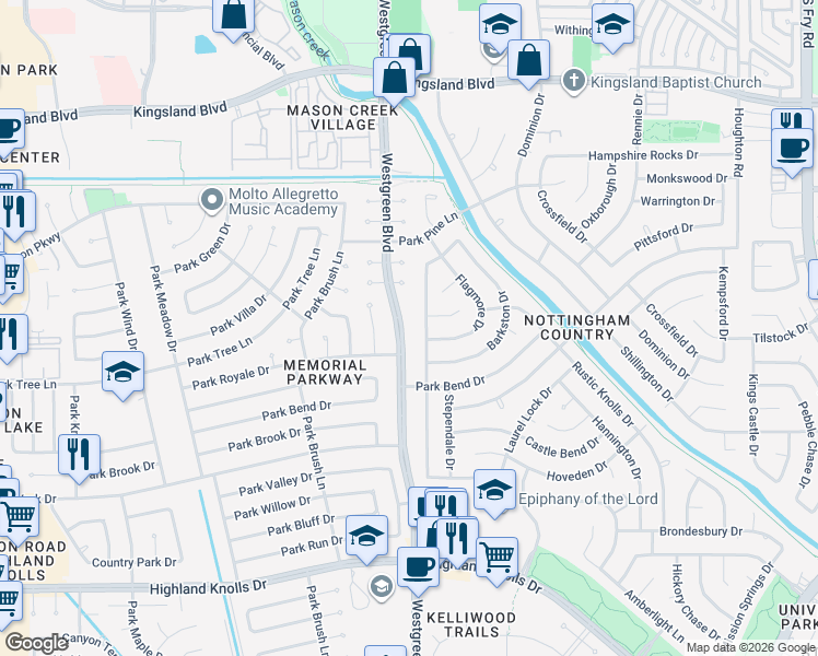 map of restaurants, bars, coffee shops, grocery stores, and more near 1219 Westgreen Boulevard in Katy