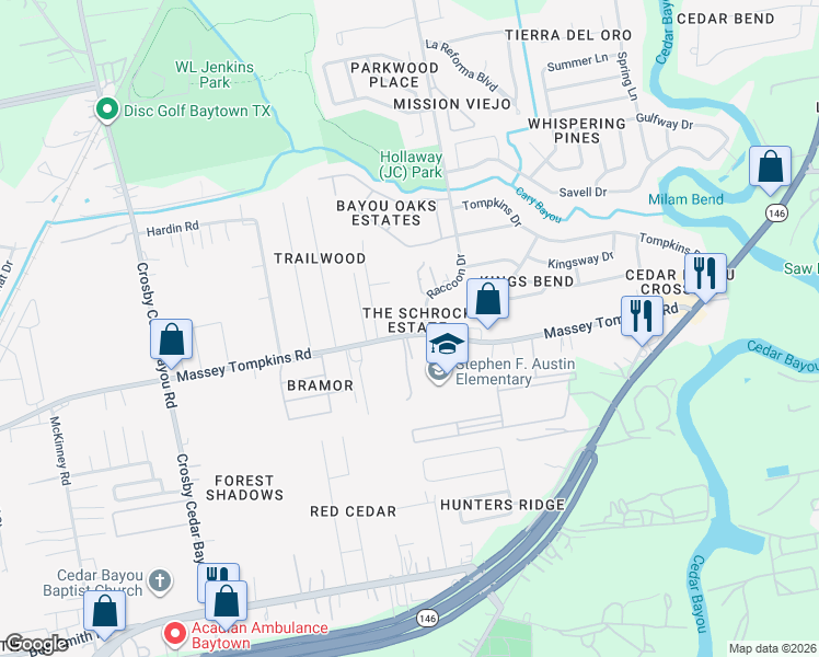 map of restaurants, bars, coffee shops, grocery stores, and more near 3007 Massey Tompkins Road in Baytown