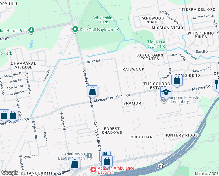 map of restaurants, bars, coffee shops, grocery stores, and more near 2517 1/2 Massey Tompkins Road in Baytown
