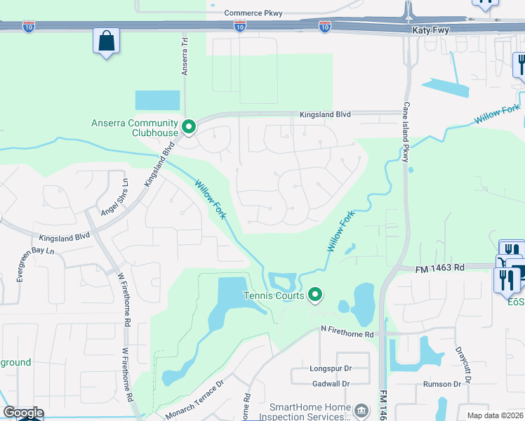 map of restaurants, bars, coffee shops, grocery stores, and more near 28231 Shorecrest Lane in Katy