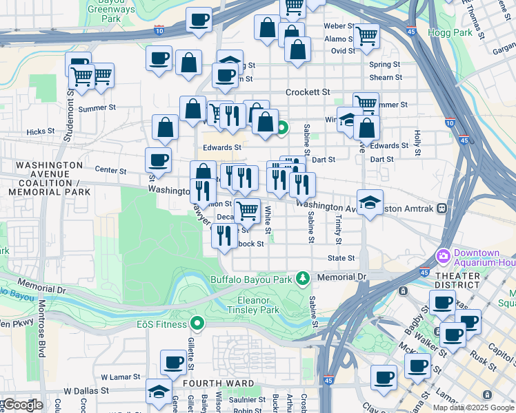 map of restaurants, bars, coffee shops, grocery stores, and more near 2011 Union Street in Houston