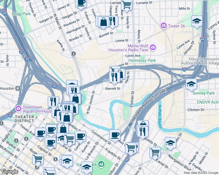 map of restaurants, bars, coffee shops, grocery stores, and more near 1307 Sterrett Street in Houston