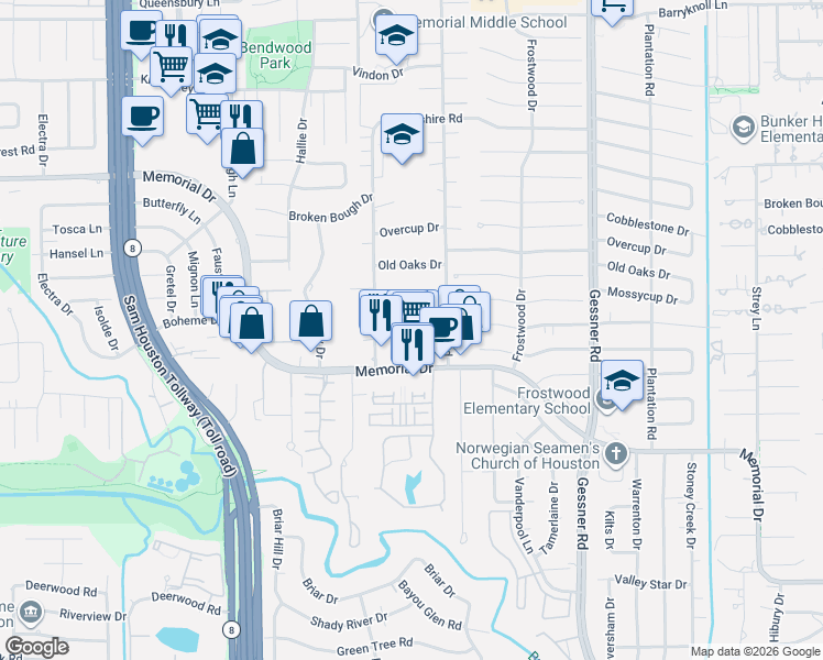 map of restaurants, bars, coffee shops, grocery stores, and more near 12519 Boheme Drive in Houston