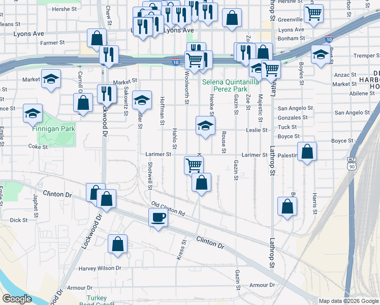 map of restaurants, bars, coffee shops, grocery stores, and more near 1147 Woolworth Street in Houston