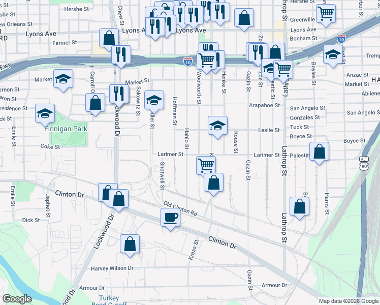 map of restaurants, bars, coffee shops, grocery stores, and more near 1147 Woolworth Street in Houston