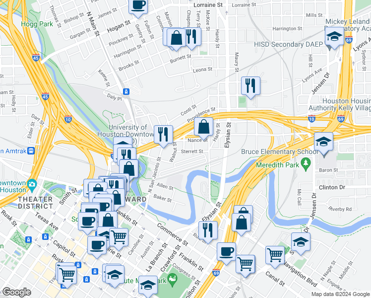 map of restaurants, bars, coffee shops, grocery stores, and more near 1305 Sterrett Street in Houston