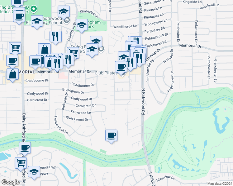 map of restaurants, bars, coffee shops, grocery stores, and more near 608 Rancho Bauer Drive in Houston