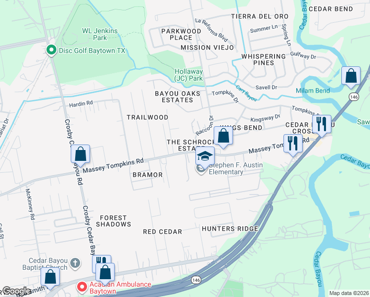 map of restaurants, bars, coffee shops, grocery stores, and more near 3007 Massey Tompkins Road in Baytown