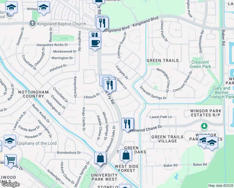 map of restaurants, bars, coffee shops, grocery stores, and more near 19819 Summerset Way in Houston