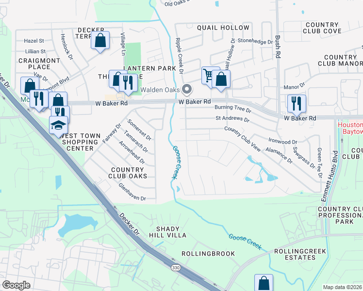 map of restaurants, bars, coffee shops, grocery stores, and more near 3322 Specklebelly Drive in Baytown