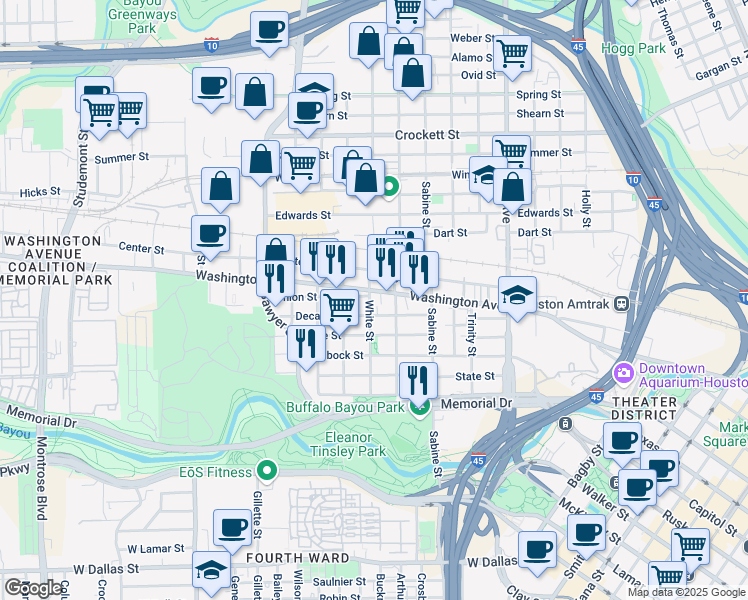 map of restaurants, bars, coffee shops, grocery stores, and more near 1907 Washington Avenue in Houston