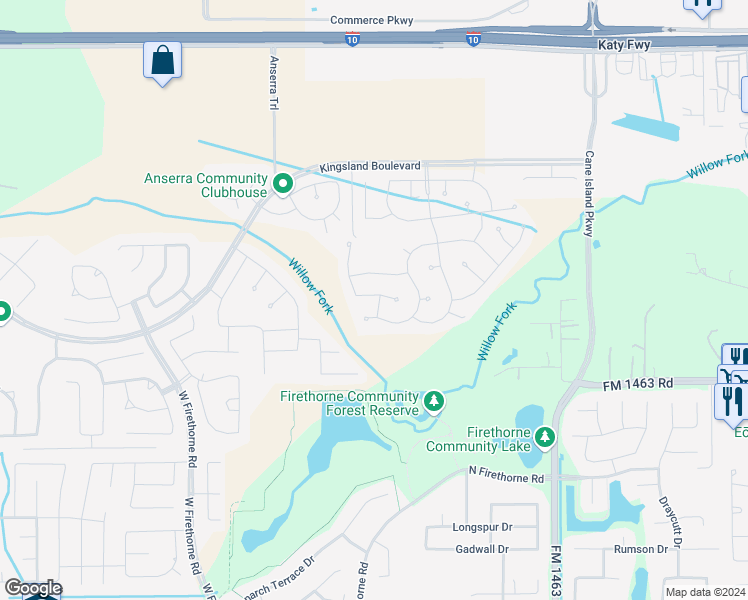 map of restaurants, bars, coffee shops, grocery stores, and more near 28231 Shorecrest Lane in Katy