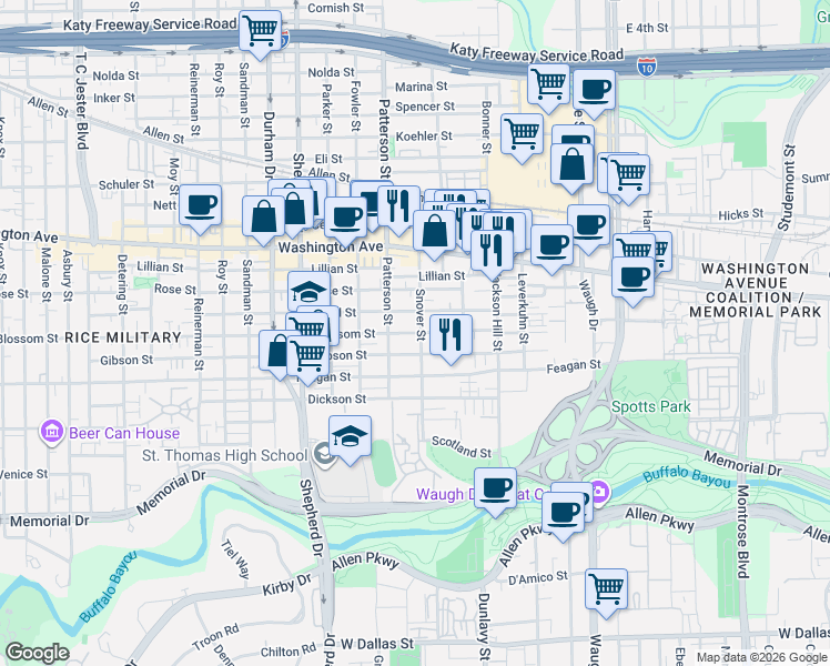 map of restaurants, bars, coffee shops, grocery stores, and more near 4317 Blossom Street in Houston