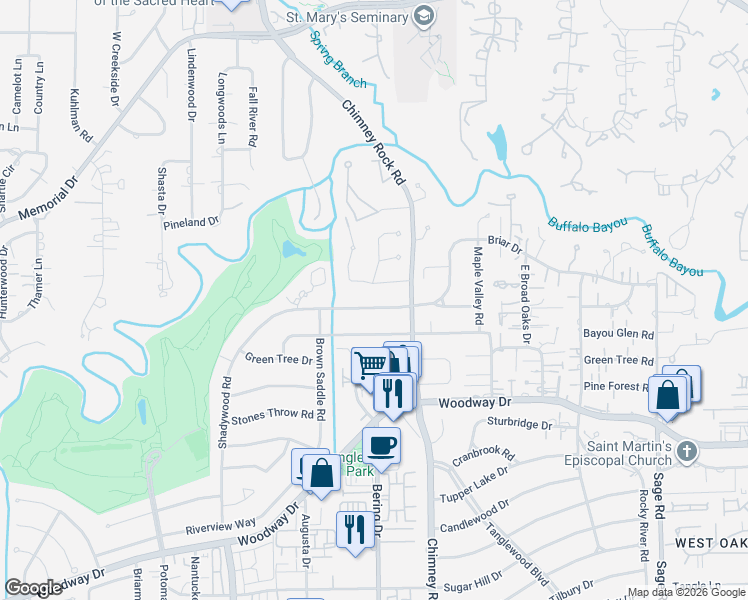 map of restaurants, bars, coffee shops, grocery stores, and more near 5732 Shady River Drive in Houston