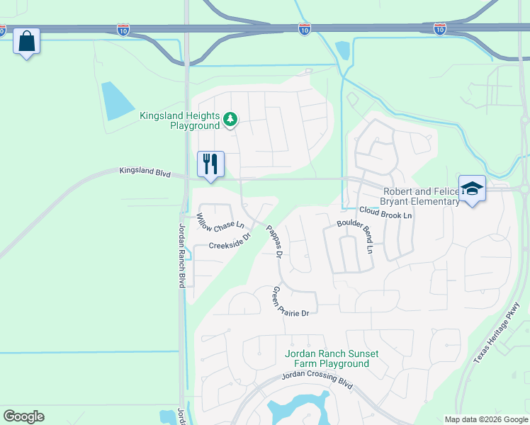 map of restaurants, bars, coffee shops, grocery stores, and more near 30110 Prairie Creek Court in Brookshire