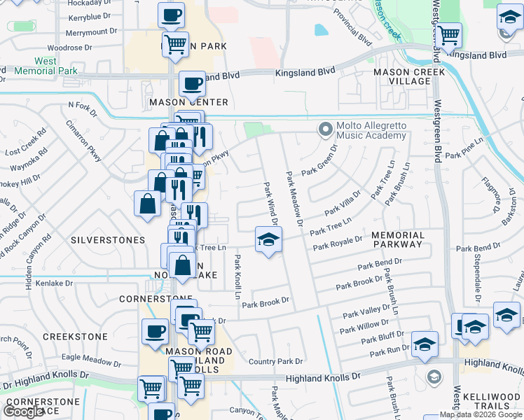 map of restaurants, bars, coffee shops, grocery stores, and more near 21614 Park Wick Lane in Katy