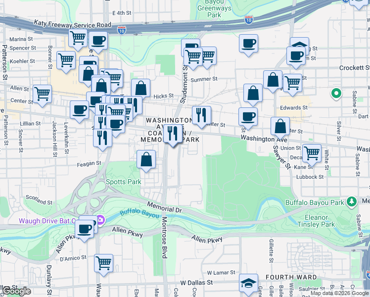 map of restaurants, bars, coffee shops, grocery stores, and more near 802 Memorial Heights Drive in Houston