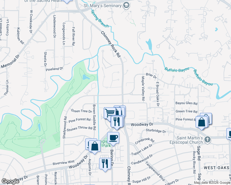 map of restaurants, bars, coffee shops, grocery stores, and more near 5732 Shady River Drive in Houston