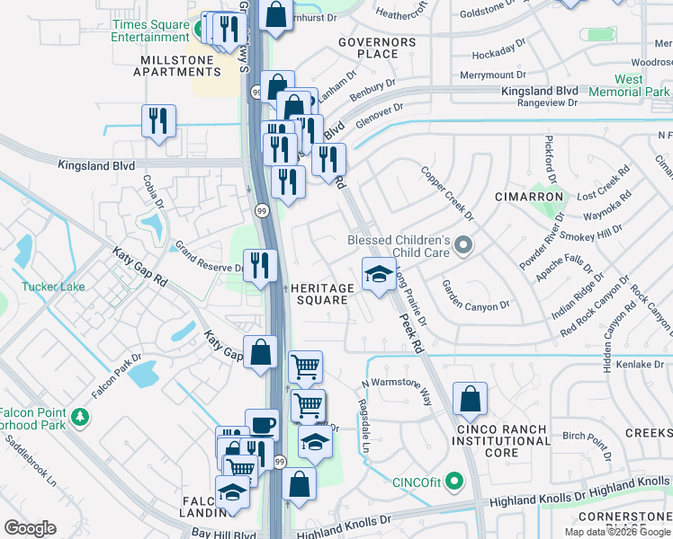map of restaurants, bars, coffee shops, grocery stores, and more near 923 Legend Spring Drive in Katy