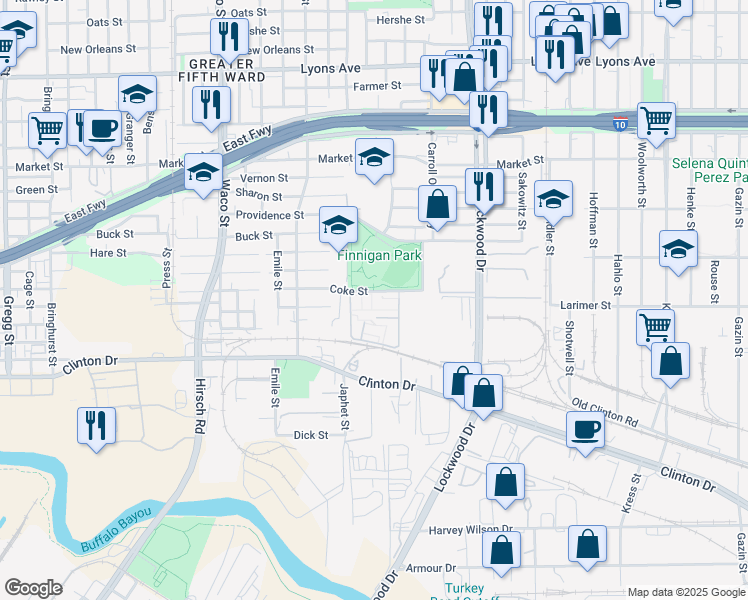 map of restaurants, bars, coffee shops, grocery stores, and more near 5300 Coke Street in Houston