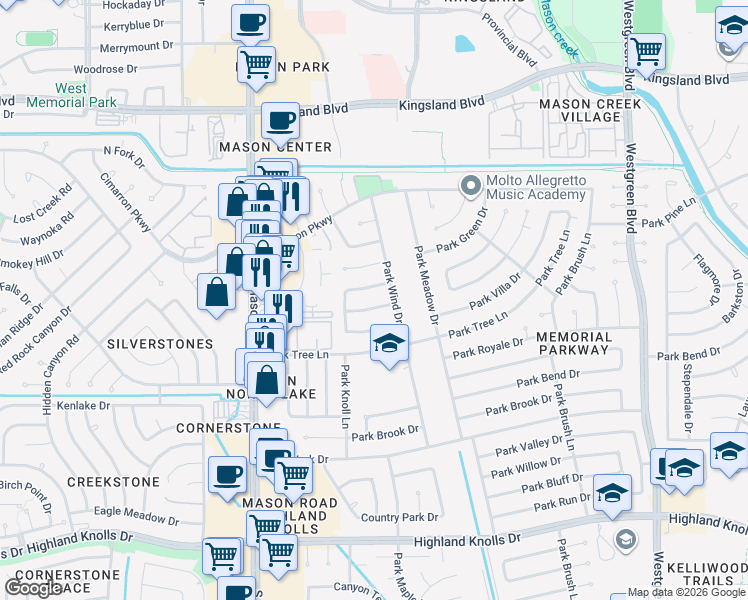 map of restaurants, bars, coffee shops, grocery stores, and more near 21614 Park Wick Lane in Katy