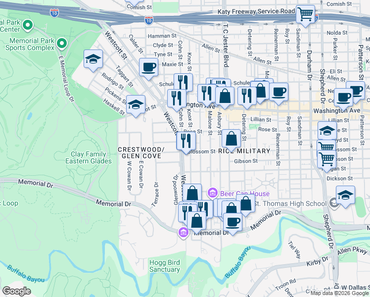 map of restaurants, bars, coffee shops, grocery stores, and more near 602 Knox Street in Houston