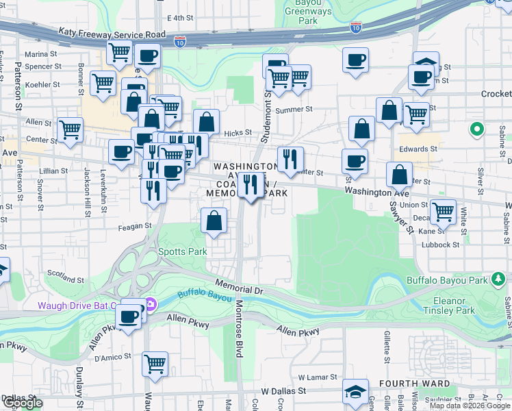map of restaurants, bars, coffee shops, grocery stores, and more near 802 Memorial Heights Drive in Houston