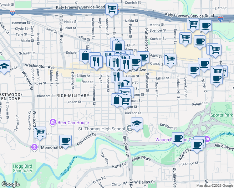 map of restaurants, bars, coffee shops, grocery stores, and more near 611 Shepherd Drive in Houston