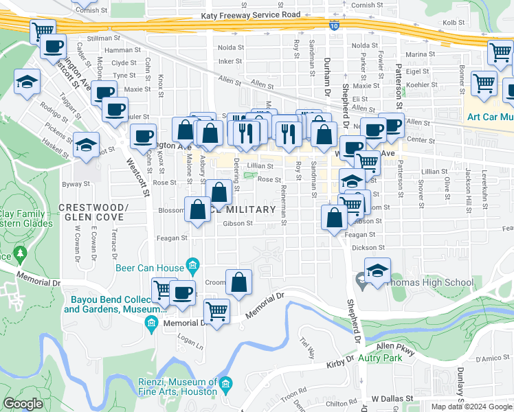 map of restaurants, bars, coffee shops, grocery stores, and more near 5234 Blossom Street in Houston