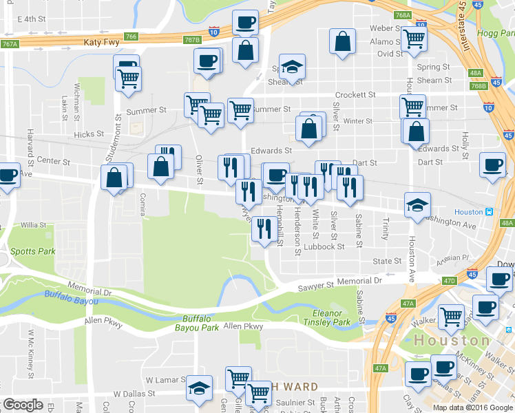 map of restaurants, bars, coffee shops, grocery stores, and more near 2307 Union St in Houston