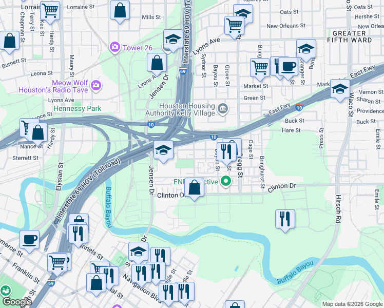 map of restaurants, bars, coffee shops, grocery stores, and more near 2913 Gillespie Street in Houston