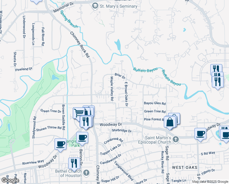 map of restaurants, bars, coffee shops, grocery stores, and more near 283 Maple Valley Road in Houston