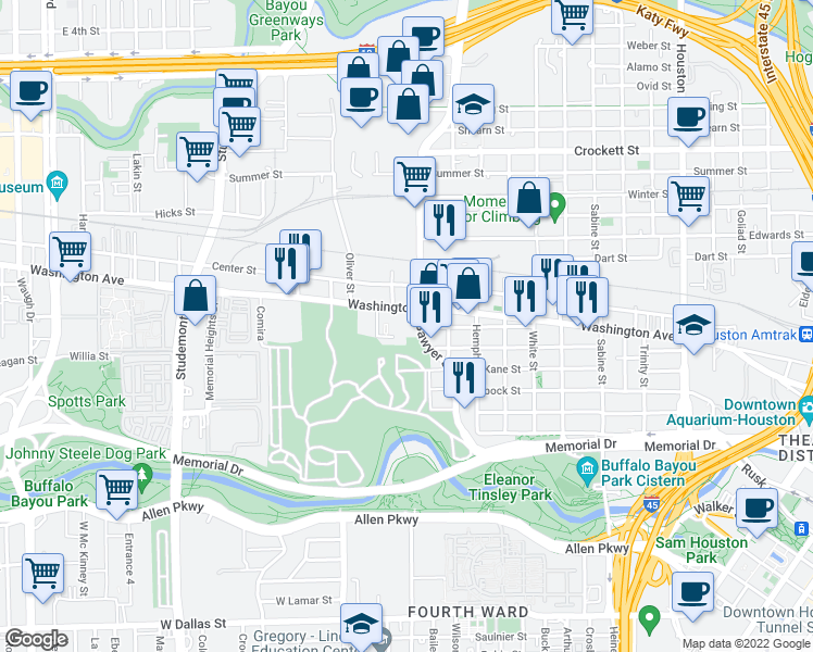 map of restaurants, bars, coffee shops, grocery stores, and more near 2411 Washington Avenue in Houston