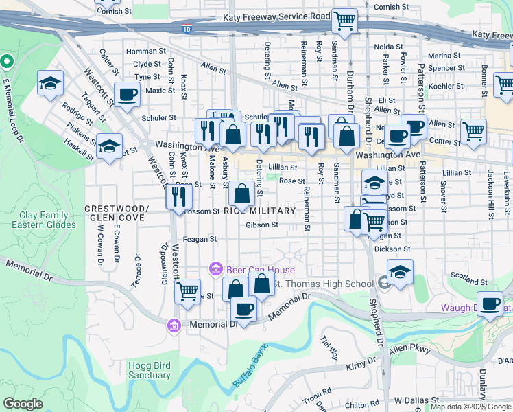 map of restaurants, bars, coffee shops, grocery stores, and more near in Houston