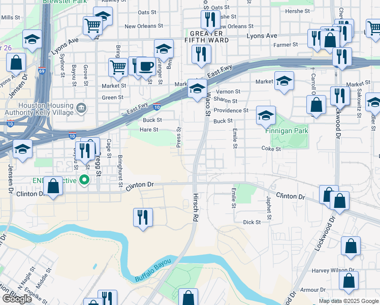 map of restaurants, bars, coffee shops, grocery stores, and more near 4207 Gillespie Street in Houston