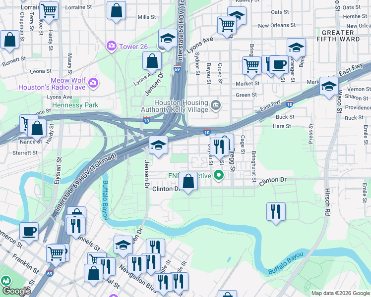 map of restaurants, bars, coffee shops, grocery stores, and more near 2913 Gillespie Street in Houston