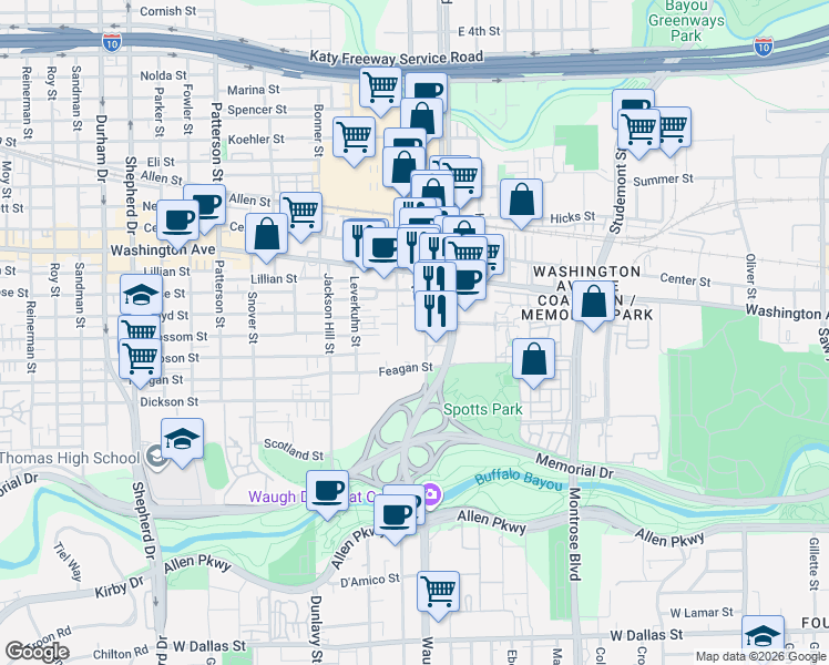 map of restaurants, bars, coffee shops, grocery stores, and more near 34 Waugh Drive in Houston