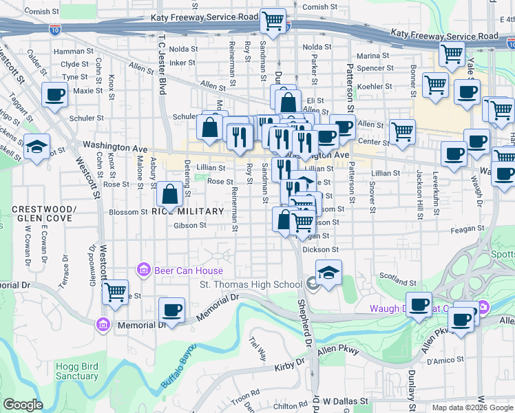 map of restaurants, bars, coffee shops, grocery stores, and more near 5011 Blossom Street in Houston