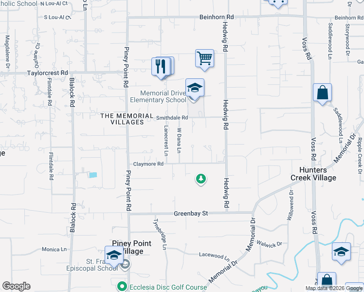 map of restaurants, bars, coffee shops, grocery stores, and more near 526 West Dana Lane in Houston
