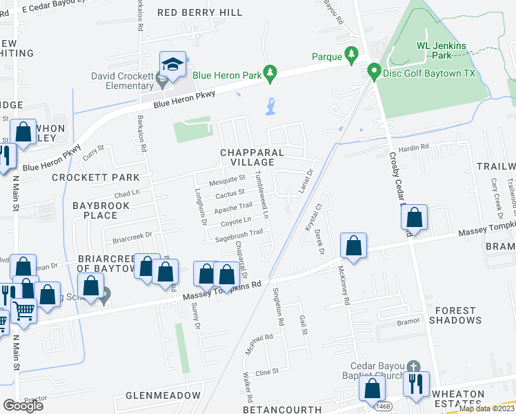 map of restaurants, bars, coffee shops, grocery stores, and more near 1405 Apache Trail in Baytown