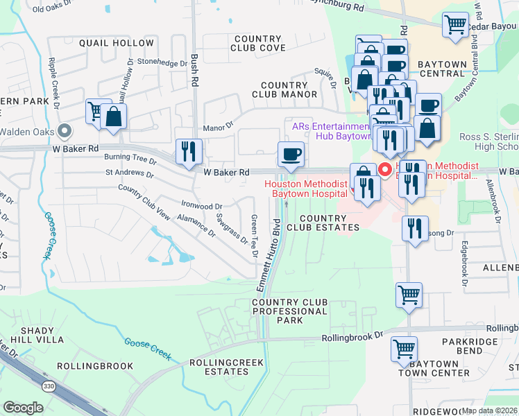 map of restaurants, bars, coffee shops, grocery stores, and more near 4218 Applerock Drive in Baytown