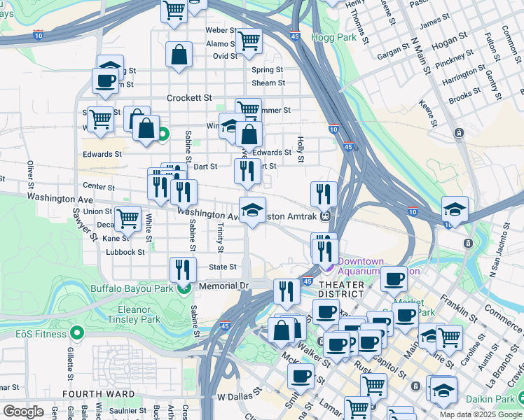 map of restaurants, bars, coffee shops, grocery stores, and more near 1316b Hickory Street in Houston