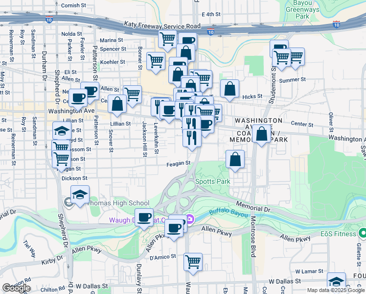 map of restaurants, bars, coffee shops, grocery stores, and more near 34 Waugh Drive in Houston
