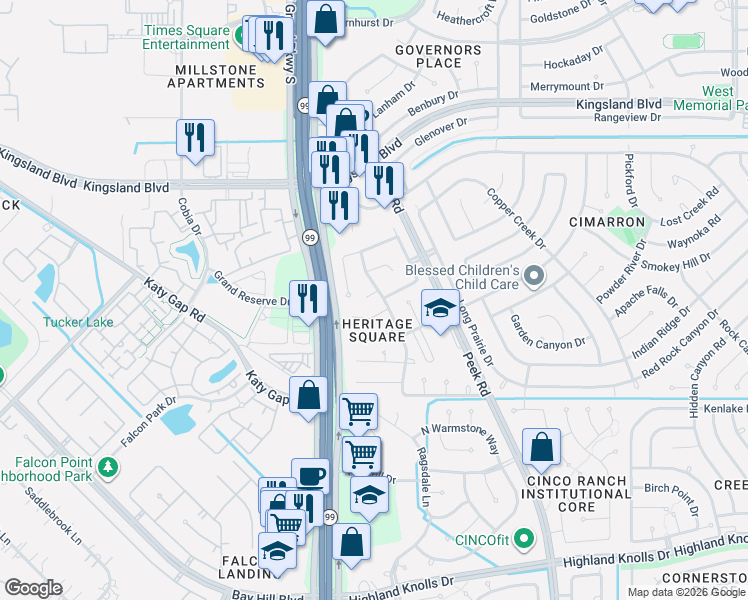 map of restaurants, bars, coffee shops, grocery stores, and more near 923 Legend Spring Drive in Katy