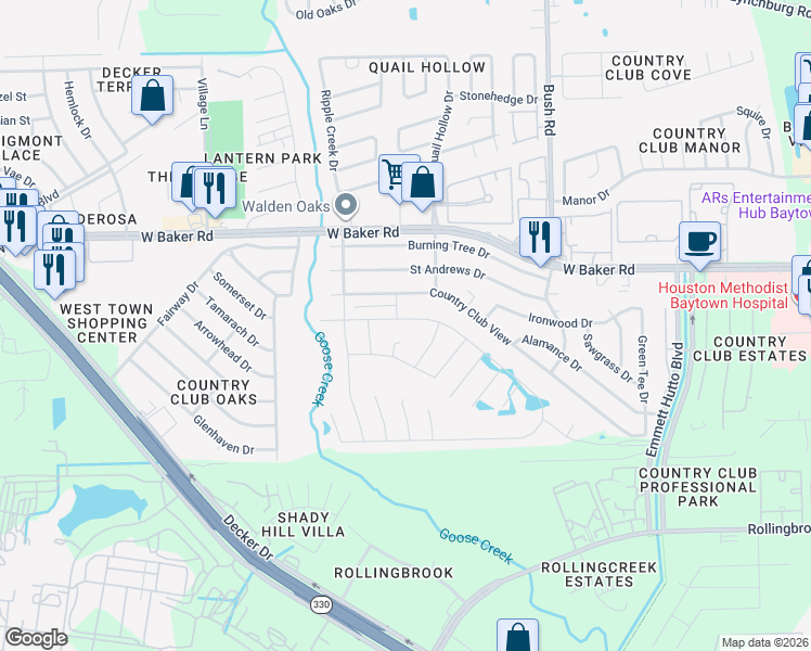 map of restaurants, bars, coffee shops, grocery stores, and more near 3139 Specklebelly Drive in Baytown