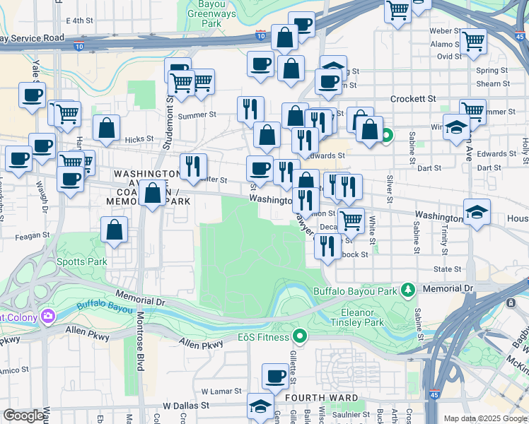map of restaurants, bars, coffee shops, grocery stores, and more near 2515 Washington Avenue in Houston